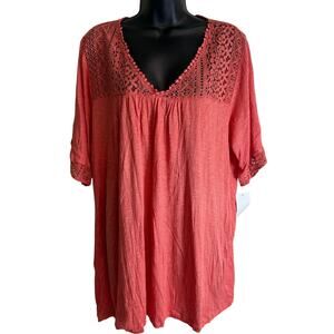 Eyeshadow 1X Coral Lace Crochet Boho Peasant Top Short Sleeve Rayon Blouse